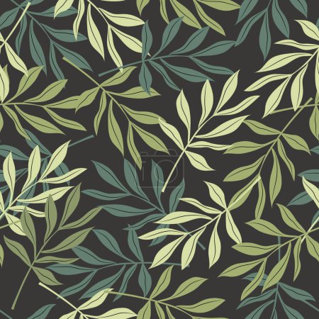 Foto de Ramas con hojas largas de tonos verdes sobre un fondo oscuro crean un hermoso patrón sin costuras para textiles de moda, telas modernas. - Imagen libre de derechos