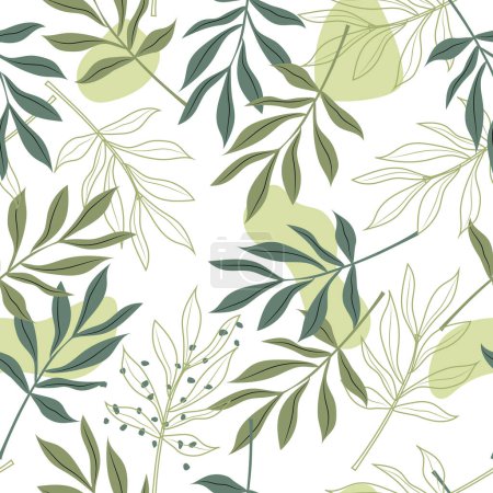 Foto de Ramas con largas hojas artísticas en tonos verdes sobre un fondo blanco crean un hermoso patrón sin costuras para textiles de moda, telas modernas. - Imagen libre de derechos