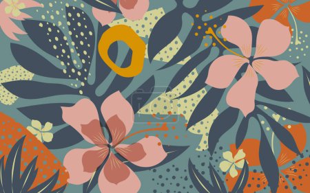Téléchargez les photos : Les fleurs d'hibiscus et les feuilles de palmier tropical forment une bannière moderne de collage horizontal abstrait d'été tropical. - en image libre de droit