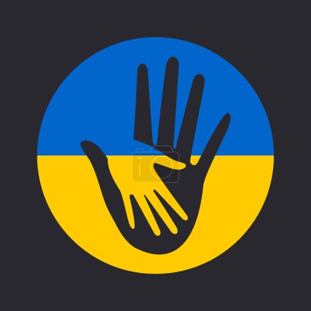 De la mano contra el fondo de la bandera ucraniana, que simboliza la ayuda y el apoyo. Paz a Ucrania. Vector.