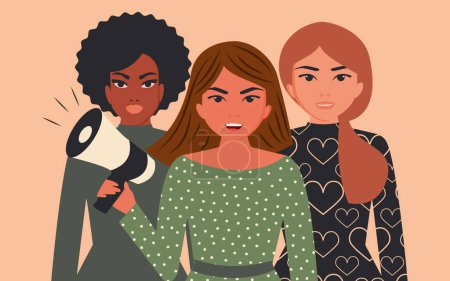 Illustration for Women of different nationalities and cultures in the struggle for freedom, independence and equality. International Women's Day. Horizontal banner. Vector. - Royalty Free Image