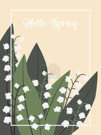 Ilustración de Hola Spring. Lily del valle. convallaria mahalis. Flores de primavera y follaje exuberante sobre un fondo vertical. Vector. - Imagen libre de derechos