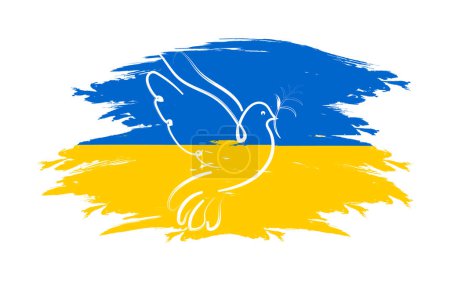 Paloma de la paz en el fondo de la bandera de Ucrania. Símbolo de paz y libertad horizontal th cartel. Paz a Ucrania. Vector.