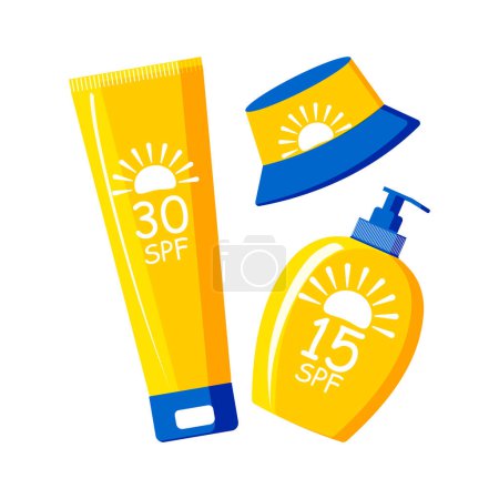 Gelbe Röhre und blaue Flasche mit Sonnenschutzspender mit Lichtschutzfaktor 15 und 30 auf weißem Hintergrund. Kosmetik mit UV-Schutz und panama für den Strand. Vektor.