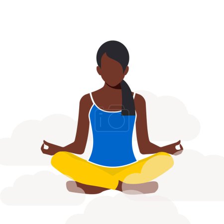 Illustration for African woman meditating. Mental health concept. The girl clarifies her thoughts and feels light, as if she is flying in the clouds. Vector. - Royalty Free Image