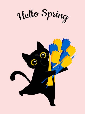 Illustration for Hello Spring. Black funny cat with yellow and blue tulips. Cute holiday vertical illustration with pink background. Vector. - Royalty Free Image