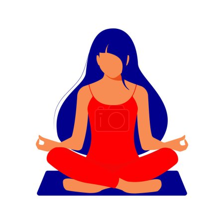 Illustration for A beautiful woman with long blue hair sits in a lotus position, meditates and feels great, radiating positive feminine energy and mental health. Yoga practice. Stay calm. Vector. - Royalty Free Image