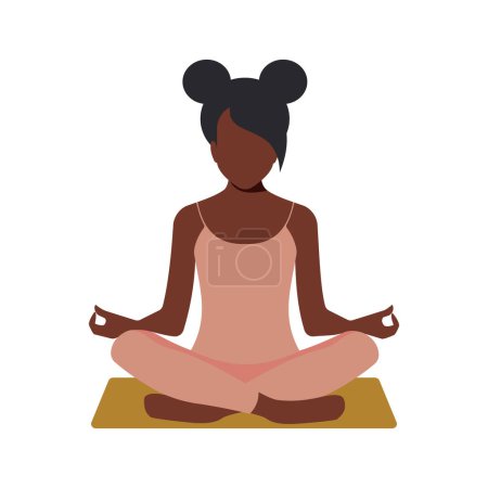 Illustration for African american woman sitting in a lotus position, meditating, happy and feeling great, radiating positive feminine energy and mental health. Yoga practice. Vector. - Royalty Free Image