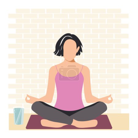 Illustration for The woman sitting in the lotus position is practicing meditation, is happy and feels great, radiating positive feminine energy. Yoga practice. Vector. - Royalty Free Image