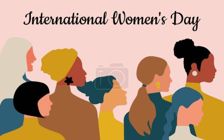 Ilustración de Día Internacional de la Mujer. Mujeres de diferentes edades, nacionalidades y religiones se unen. Cartel horizontal rosa con siluetas femeninas. Vector. - Imagen libre de derechos