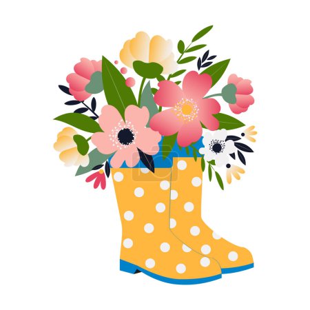 Illustration for Flowers in rubber boots. Modern illustration design for spring postcards. Bouquet of beautiful flowers and leaves in yellow rubber boots with peas on a white background. Vector. - Royalty Free Image