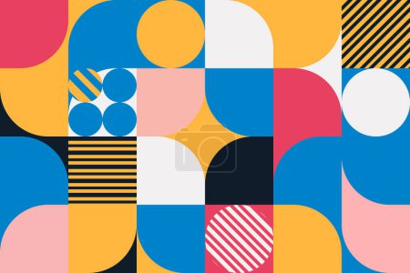 Ilustración de Cartel abstracto moderno con formas geométricas y detalles a rayas. Impresión para presentaciones de negocios, banner corporativo, volantes. Vector. - Imagen libre de derechos