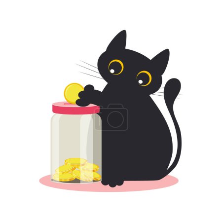 Téléchargez les illustrations : Faites un don et soutenez. Tirelire et chat noir mignon. Pot en verre avec des pièces d'or isolées sur fond blanc. Vecteur. - en licence libre de droit
