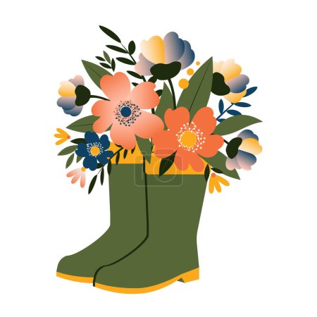Illustration for Bouquet of beautiful spring flowers and leaves in green rubber boots isolated on white background. Vector. - Royalty Free Image