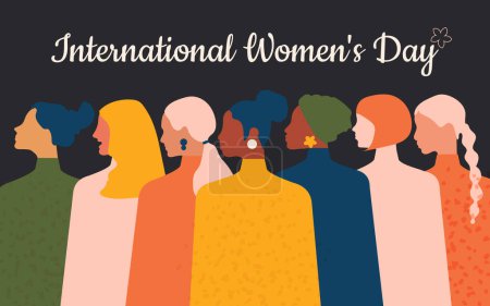 Postkarte zum Internationalen Frauentag, auf der Frauen unterschiedlicher Nationalitäten vor schwarzem Hintergrund zusammenstehen. Vektor.