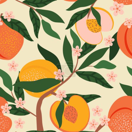 Pfirsichfrüchte und Blüten mit Blättern an einem Zweig bilden ein nahtloses Muster. Sommer tropisch fruchtige Stimmung für Stoffe, Textilien, Packpapier. Vektor.