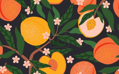 Früchte und Blüten von Pfirsichen und Aprikosen mit Blättern an einem Zweig bilden ein nahtloses Muster. Sommer tropisch fruchtige Stimmung für Stoffe, Textilien und Packpapier. Vektor.