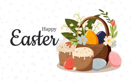 Happy Easter. Painted eggs in a basket and Easter cakes for the spring holiday. Vector.