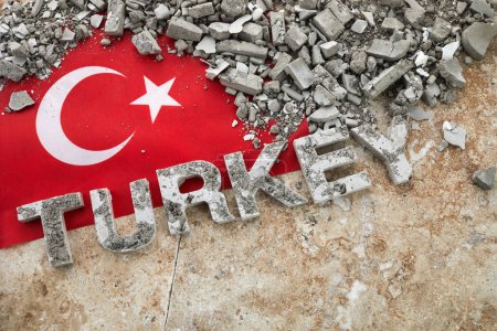 Foto de Turkey Earthquake, A background of the Turkish flag and brick debris. - Imagen libre de derechos