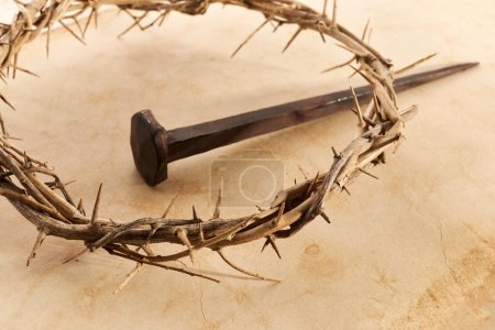 Jesus Crown Thorns and nail on Old and Grunge Background. Vintage Retro Style