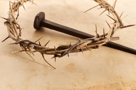 Photo for Jesus Crown Thorns and nail on Old and Grunge Background. Vintage Retro Style - Royalty Free Image