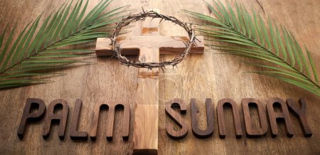 Photo for Palm sunday background. Cross and palm on vintage background - Royalty Free Image