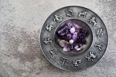Photo for Crystals for healing, fortune telling and astrologhy circle on grey background. Esoteric and life coaching concept - Royalty Free Image