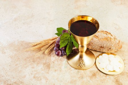 Photo for Communion Still life with chalice of wine and bread. - Royalty Free Image