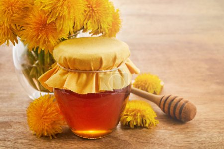 Honey or jam of dandelions in the jar with fresh flowers.