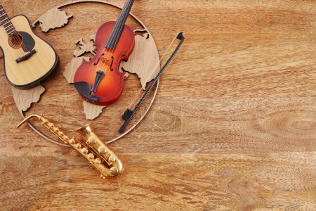 Téléchargez les photos : Bonne journée de musique du monde. Instruments de musique avec fond de globe - en image libre de droit