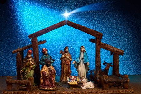Photo for Christmas Manger scene with figurines including Jesus, Mary, Joseph. - Royalty Free Image