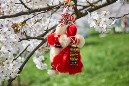 Photo for Bulgarian traditional spring decor Martenitsa on the cherry blossom tree. Baba Marta holiday - Royalty Free Image