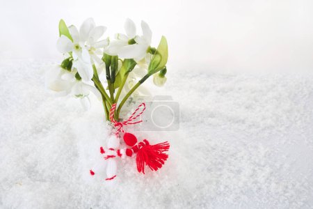 Photo for Snowdrops flowers with a red and white martenitsa on a snow background. Martisor and Baba Marta - Royalty Free Image