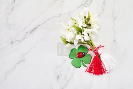 Photo for First of march celebration Martisor, Baba marta. Bouquet of snowdrops on white background with red and white rope and lalybug - Royalty Free Image