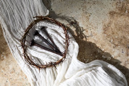 Photo for Easter background. Crown Of Thorns with white shroud. Crucifixion Of Jesus Christ. - Royalty Free Image