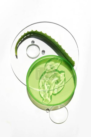 A piece of aloe vera and fresh gel on a glass surface with light shadow.
