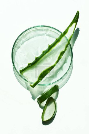 Top view of a sliced aloe vera leaf and gel inside a clear bowl on a white background.