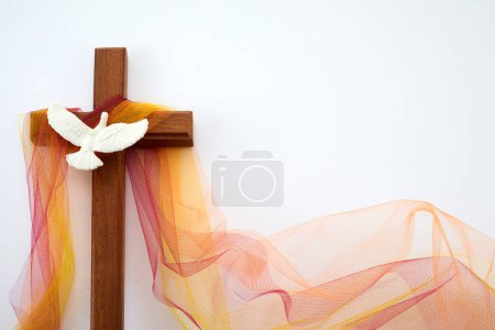 Pentecost Sunday. Pentecost background with flying dove and cross