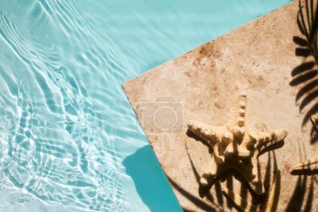 Una piscina serena con estrellas de mar en azulejos iluminados por el sol, capturando la esencia del verano.