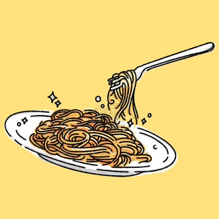 Téléchargez les illustrations : Spaghetti plat dessiné à la main illustration vectorielle de style isolé sur fond blanc - en licence libre de droit