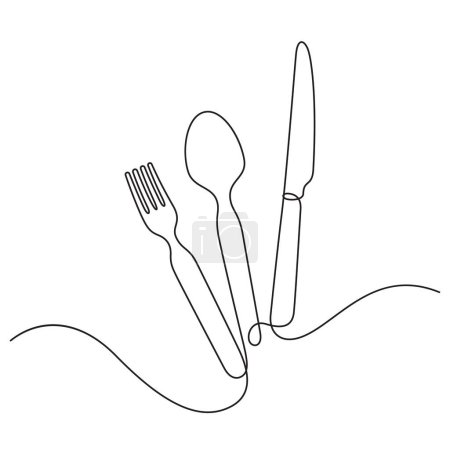 Téléchargez les illustrations : Ustensiles réglés dans le style de dessin en ligne continue. cuillère, fourchette, couteau à steak ligne art décoratif - en licence libre de droit