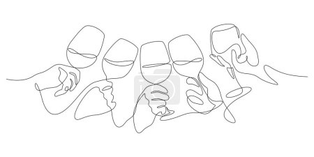 Téléchargez les illustrations : Vin clinking célébration toast concept mains tenant et verres à vin dans un dessin de ligne - en licence libre de droit