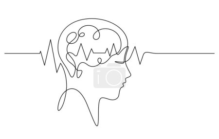 Illustration for Brain waves pulse in human head scan continuous line drawing - Royalty Free Image