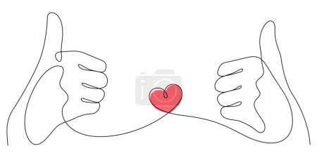 Téléchargez les illustrations : Pouces vers le haut dans une ligne dessinant le geste d'amour et le concept de minimalisme cardiaque illustration vectorielle - en licence libre de droit