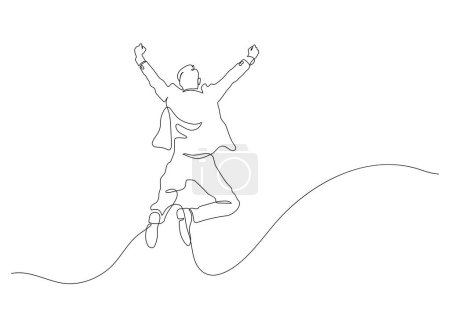 Téléchargez les illustrations : Homme d'affaires heureux en plein air saut réussi et la liberté dessin en ligne continue - en licence libre de droit