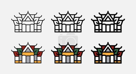 Téléchargez les illustrations : Thai temple bouddhisme ligne icône et contour rempli divers poids course linéaire - en licence libre de droit