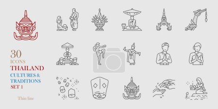 Téléchargez les illustrations : Thaï tradition icône set vectoriel illustration mince ligne - en licence libre de droit