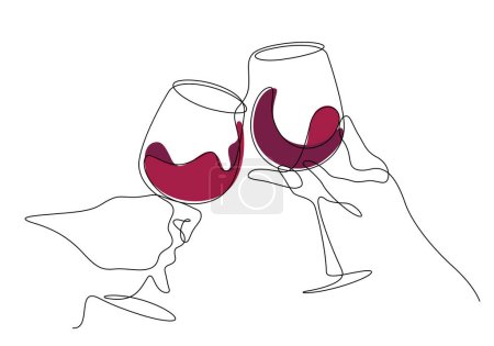 one line continuous drawing of wine glass celebratory toast cheers pose together hand drawn vector illustration