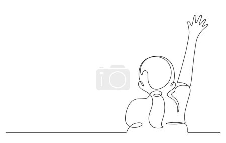back of school children girl raising hand in classroom continuous line drawing