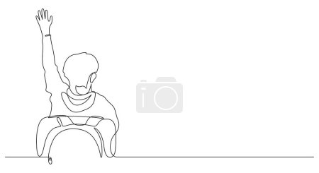 continuous line drawing of school girl raising hand for signal answer and questions in classroom vector